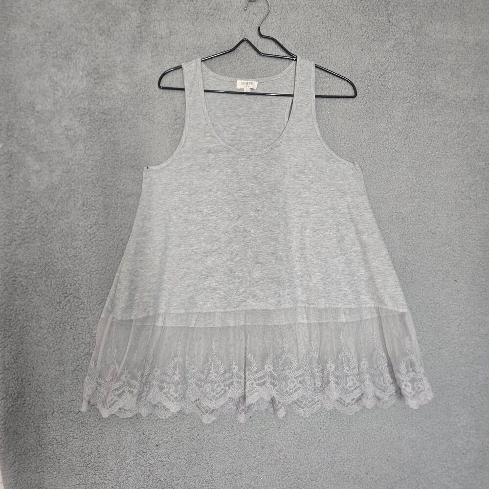 Umgee Womens Lace Trim Tank Top A1068 L Gray Tunic Sleeveless Embroidered